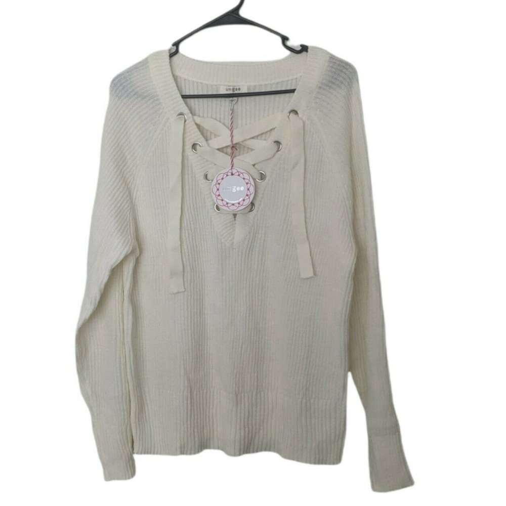 Umgee Woman's Sweater Large Cream Criss Cross Laced Tie Front NEW With Tags